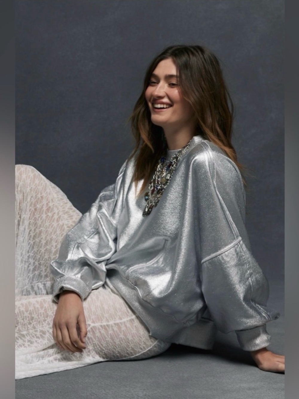 NWT Free People Gaia Coated Sweatshirt In Silver Foil